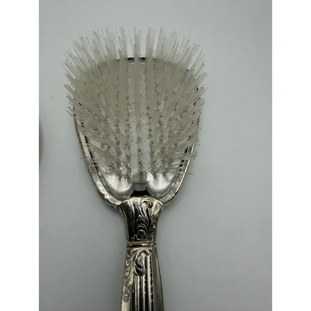 Vintage Silver Tone Repousse Hand Mirror and Brush Vanity Set Floral Lace Detail